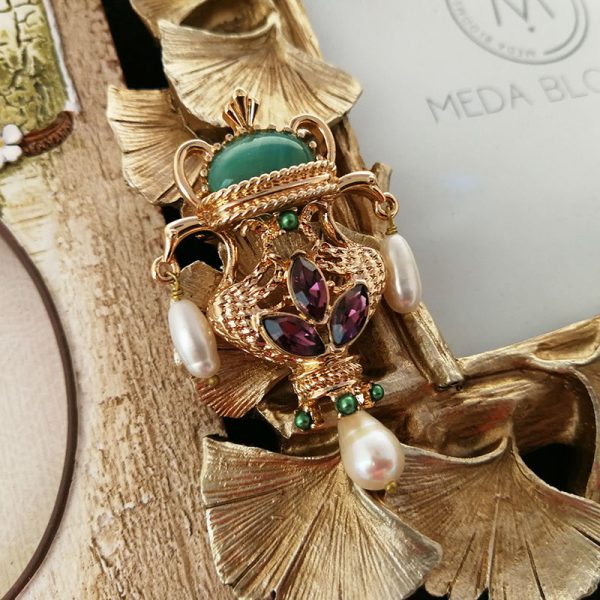 Baroque Style Freshwater Pearl and Jade Brooch - Image 2