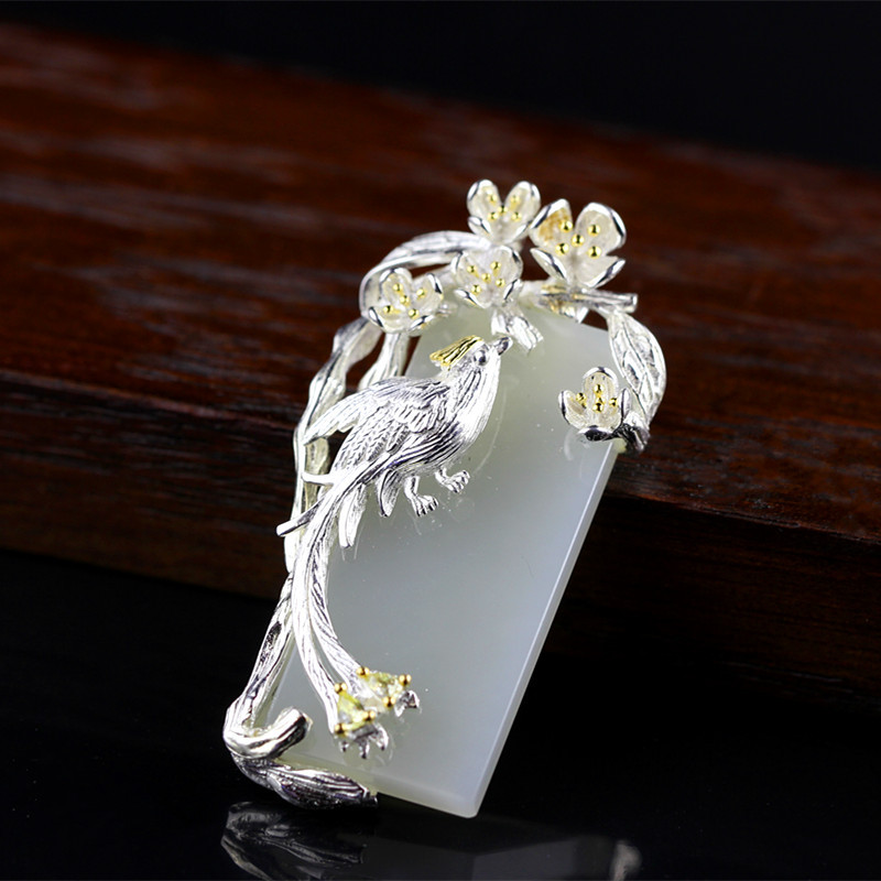 Natural White Jade Silver Peacock Pendant - Image 3